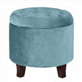 Button Tufted Velvet Upholstered Wooden Ottoman with Hidden Storage, Blue and Brown