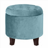 Button Tufted Velvet Upholstered Wooden Ottoman with Hidden Storage, Blue and Brown