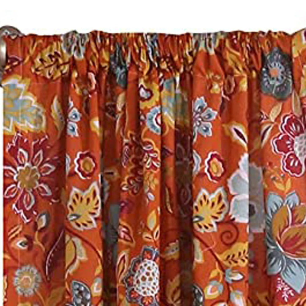 Paris 4 Piece Orange Floral Print Fabric Curtain Panel with Ties