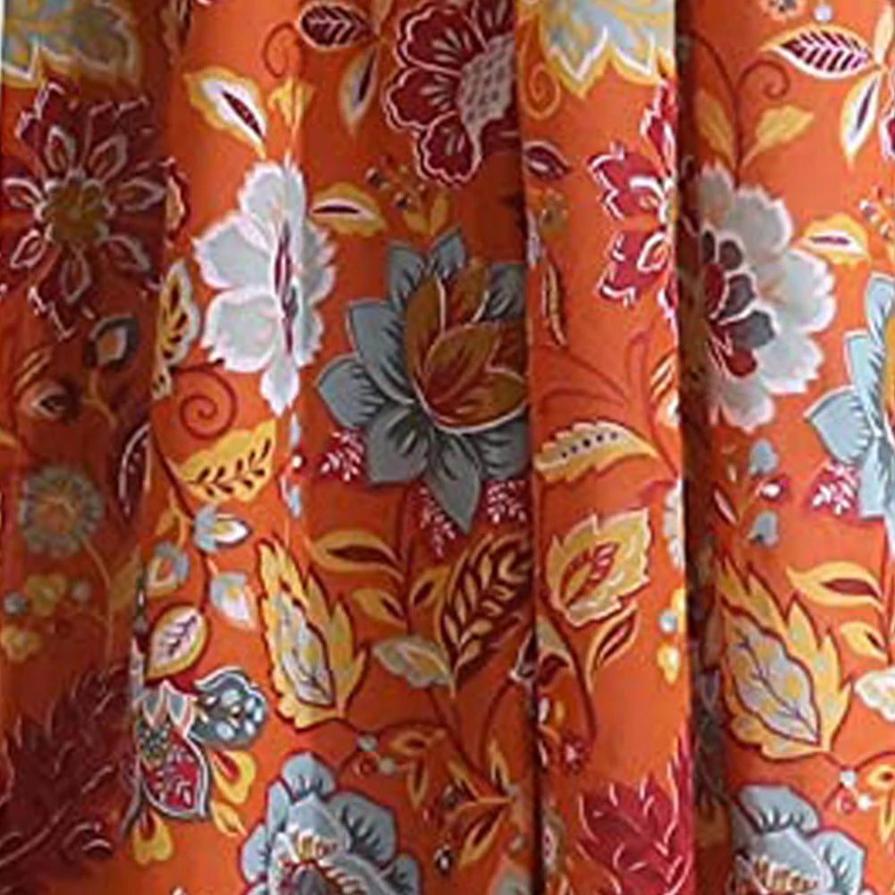 Paris 4 Piece Orange Floral Print Fabric Curtain Panel with Ties