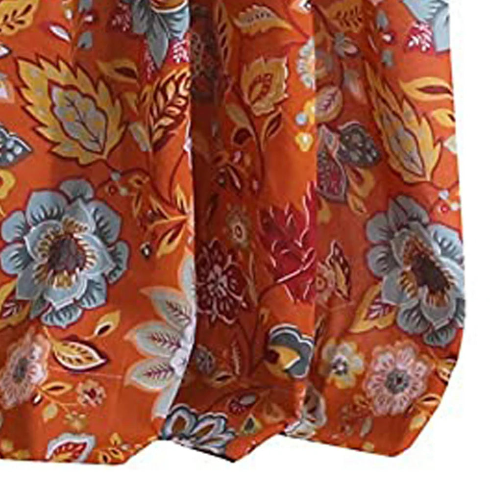 Paris 4 Piece Orange Floral Print Fabric Curtain Panel with Ties