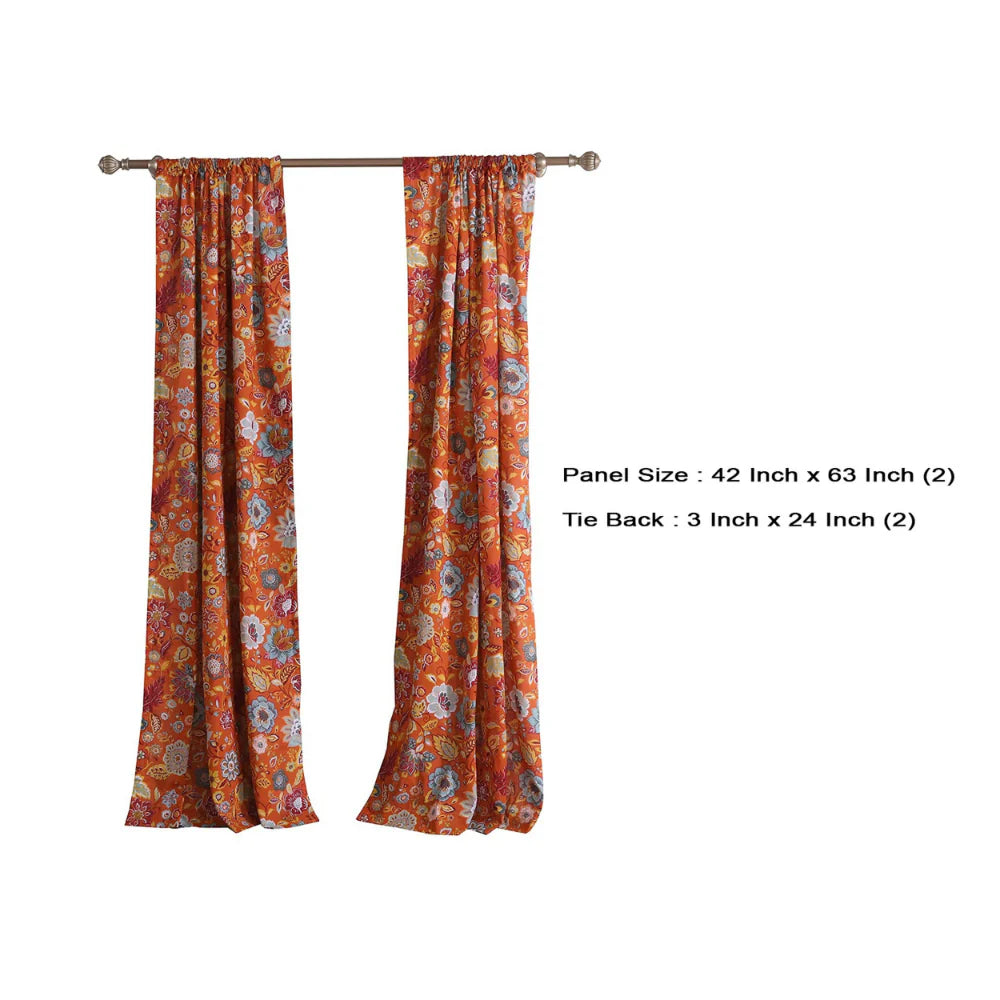 Paris 4 Piece Orange Floral Print Fabric Curtain Panel with Ties