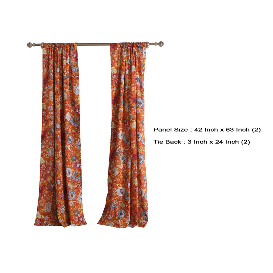 Paris 4 Piece Orange Floral Print Fabric Curtain Panel with Ties