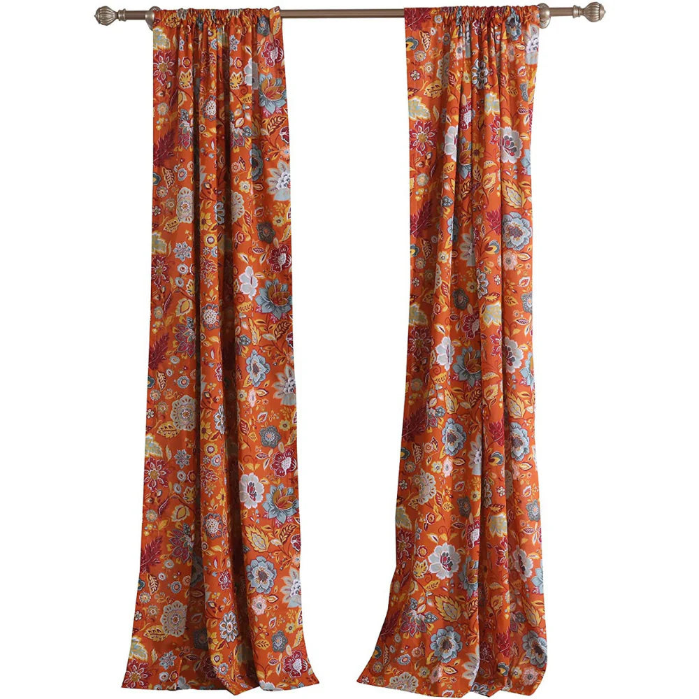 Paris 4 Piece Orange Floral Print Fabric Curtain Panel with Ties