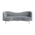 Enzo 84 Inch Modern Sofa, Curved Kidney Shape, Channel Tufted, Gray, Gold