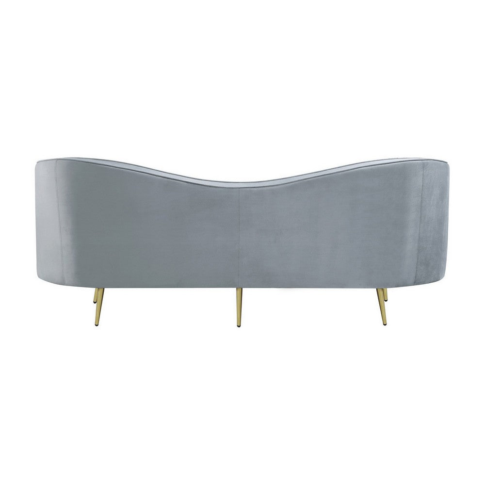 Enzo 84 Inch Modern Sofa, Curved Kidney Shape, Channel Tufted, Gray, Gold