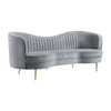 Enzo 84 Inch Modern Sofa, Curved Kidney Shape, Channel Tufted, Gray, Gold