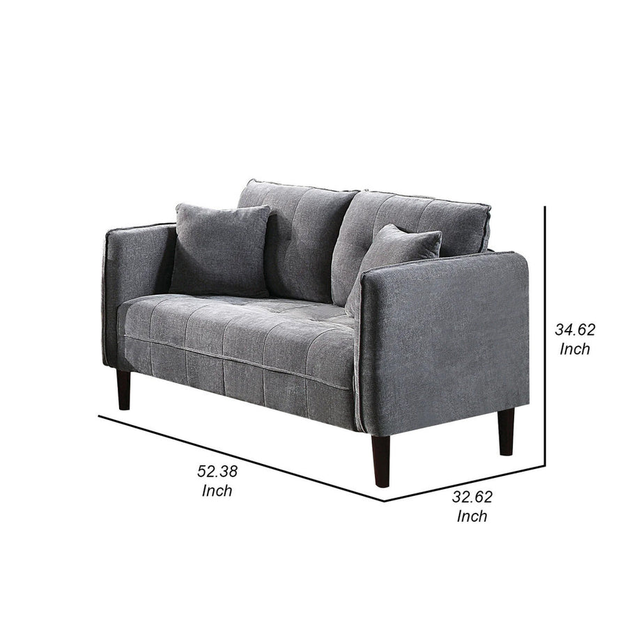 Hak 52 Inch Loveseat, Rounded Curved Arms, Biscuit Tufting, Wood Legs, Gray