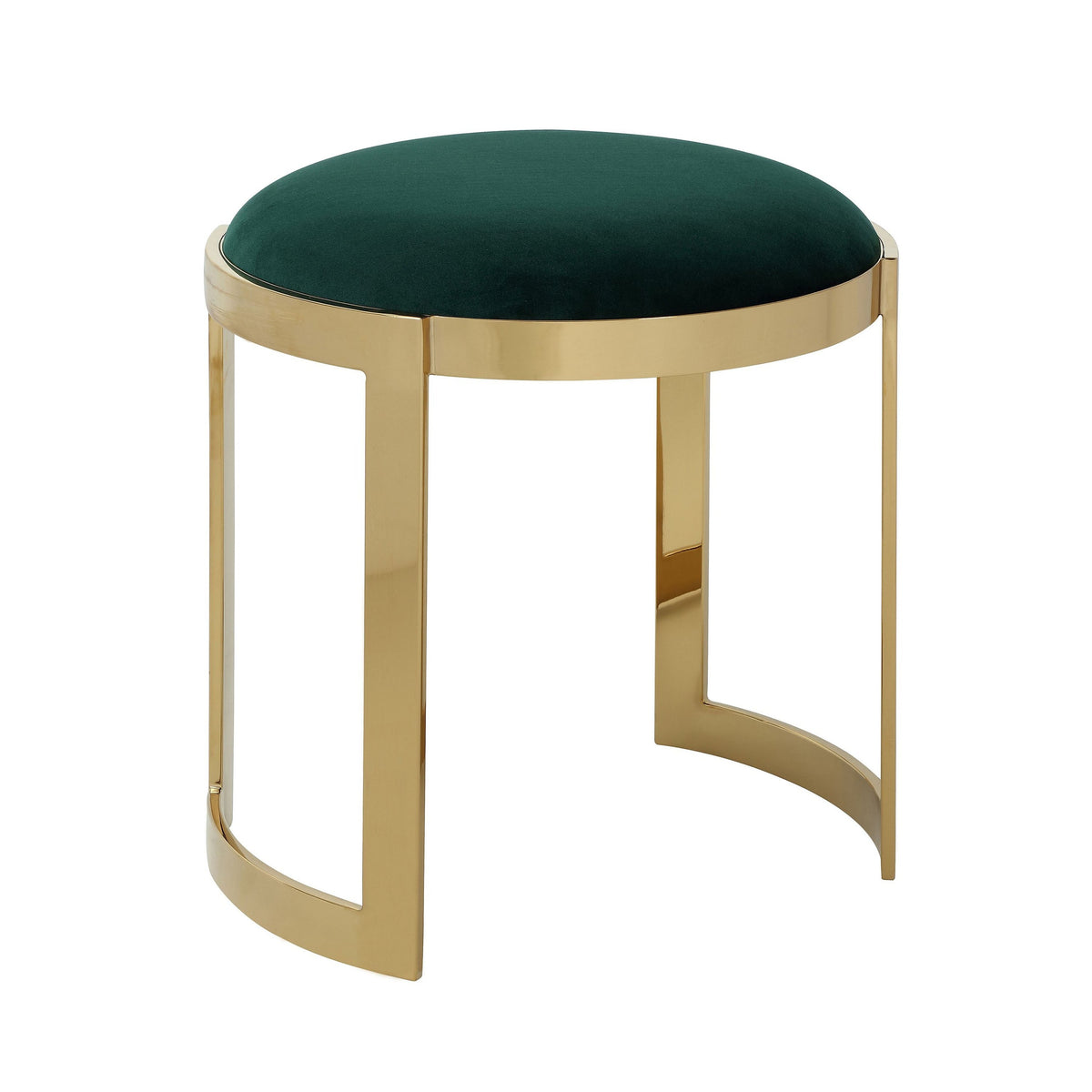 Niyo 19 Inch Accent Stool Ottoman, Round Cushioned Green Velvet Seat, Gold