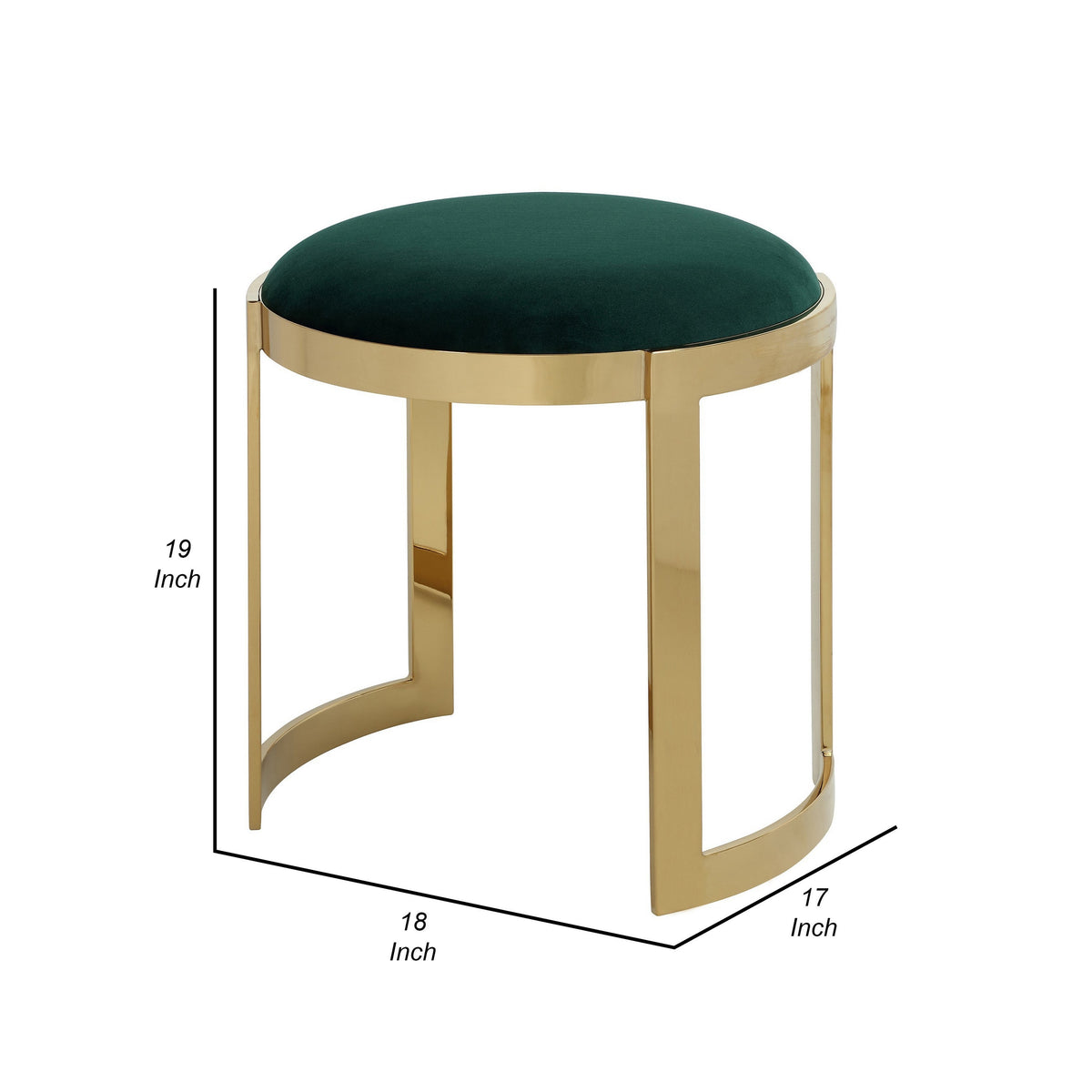 Niyo 19 Inch Accent Stool Ottoman, Round Cushioned Green Velvet Seat, Gold