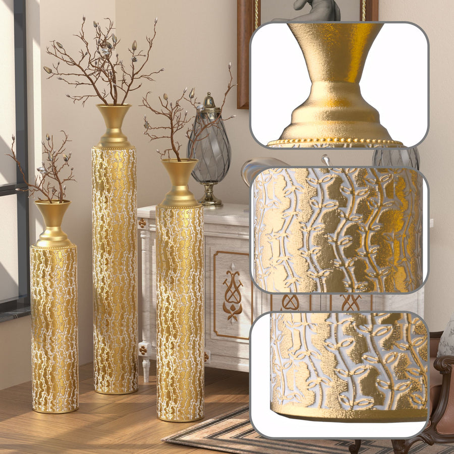 High distress metal center vases set of 3 vases in Gold