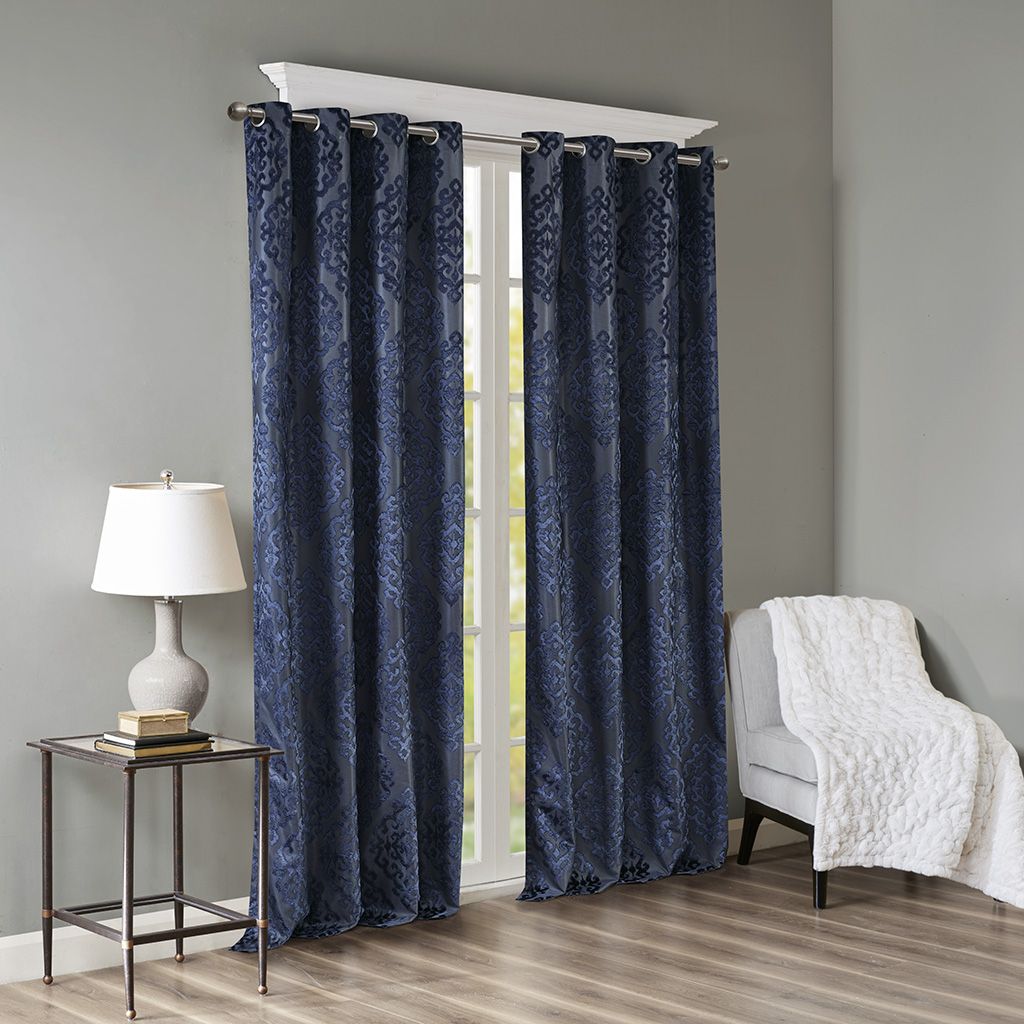 Knitted Jacquard Damask Total Blackout Grommet Top Curtain Panel(Only 1 Pc Panel)