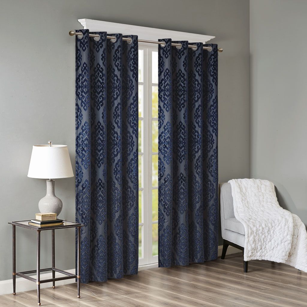 Knitted Jacquard Damask Total Blackout Grommet Top Curtain Panel(Only 1 Pc Panel)