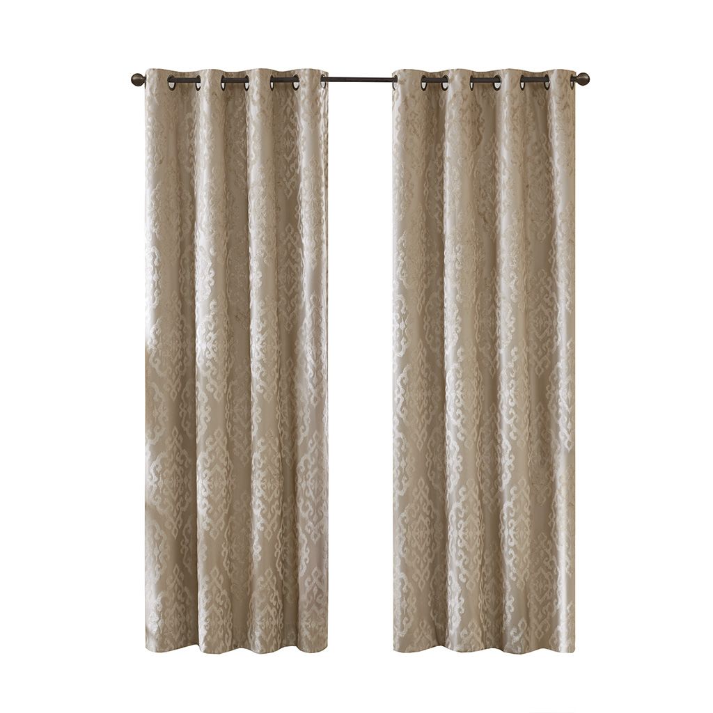 Knitted Jacquard Damask Total Blackout Grommet Top Curtain Panel Pair(2 Pcs Window Panels)