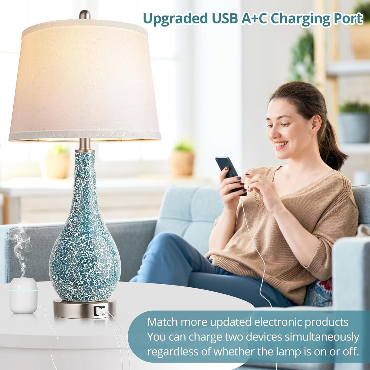 Blue Table Lamps with USB A+C Ports, 26" Set of 2