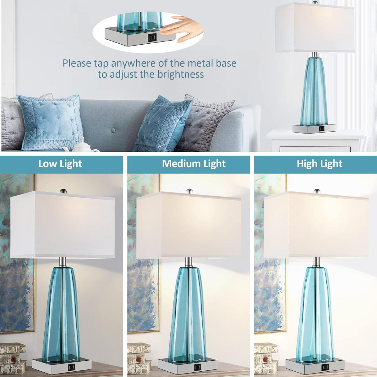 Contemporary Blue Green Glass Bedside Lamp with 2 USB Ports and Touch Control