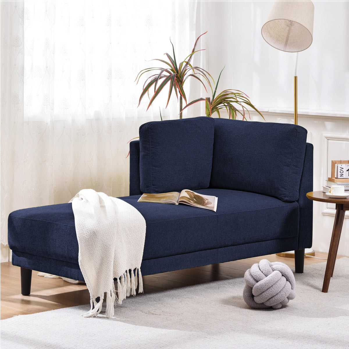 65" Mid-Century Modern Linen Fabric Chaise Lounge