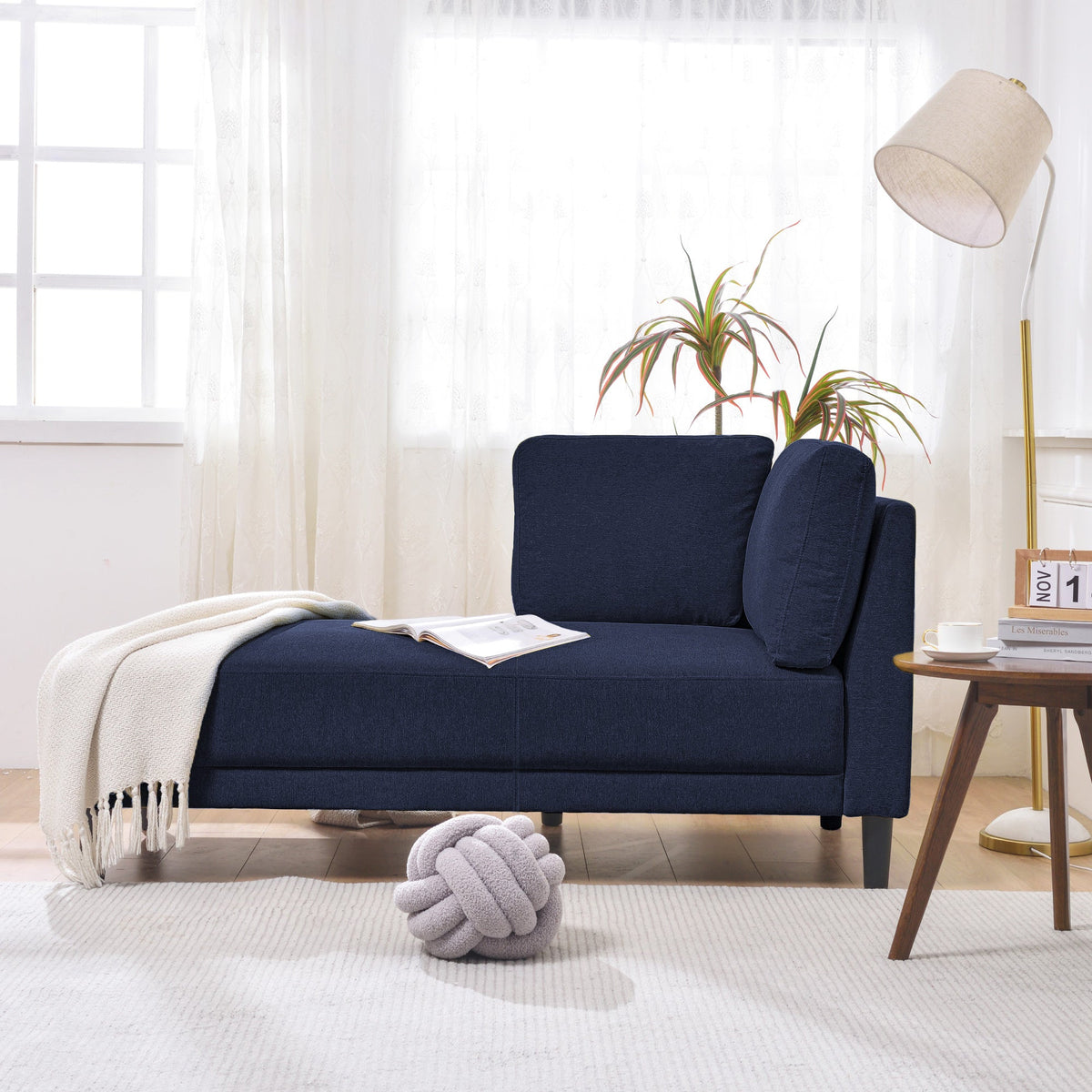 65" Mid-Century Modern Linen Fabric Chaise Lounge