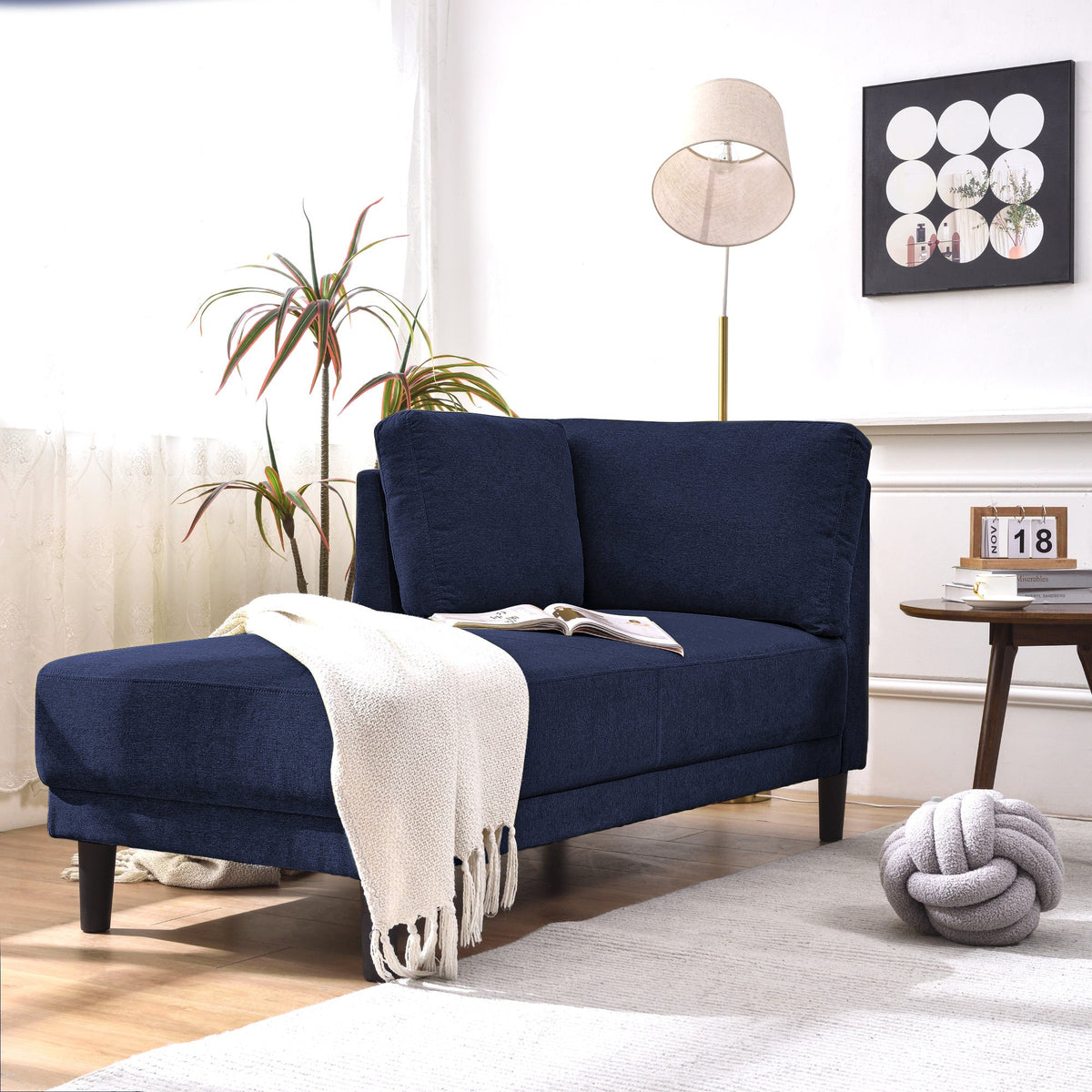 65" Mid-Century Modern Linen Fabric Chaise Lounge