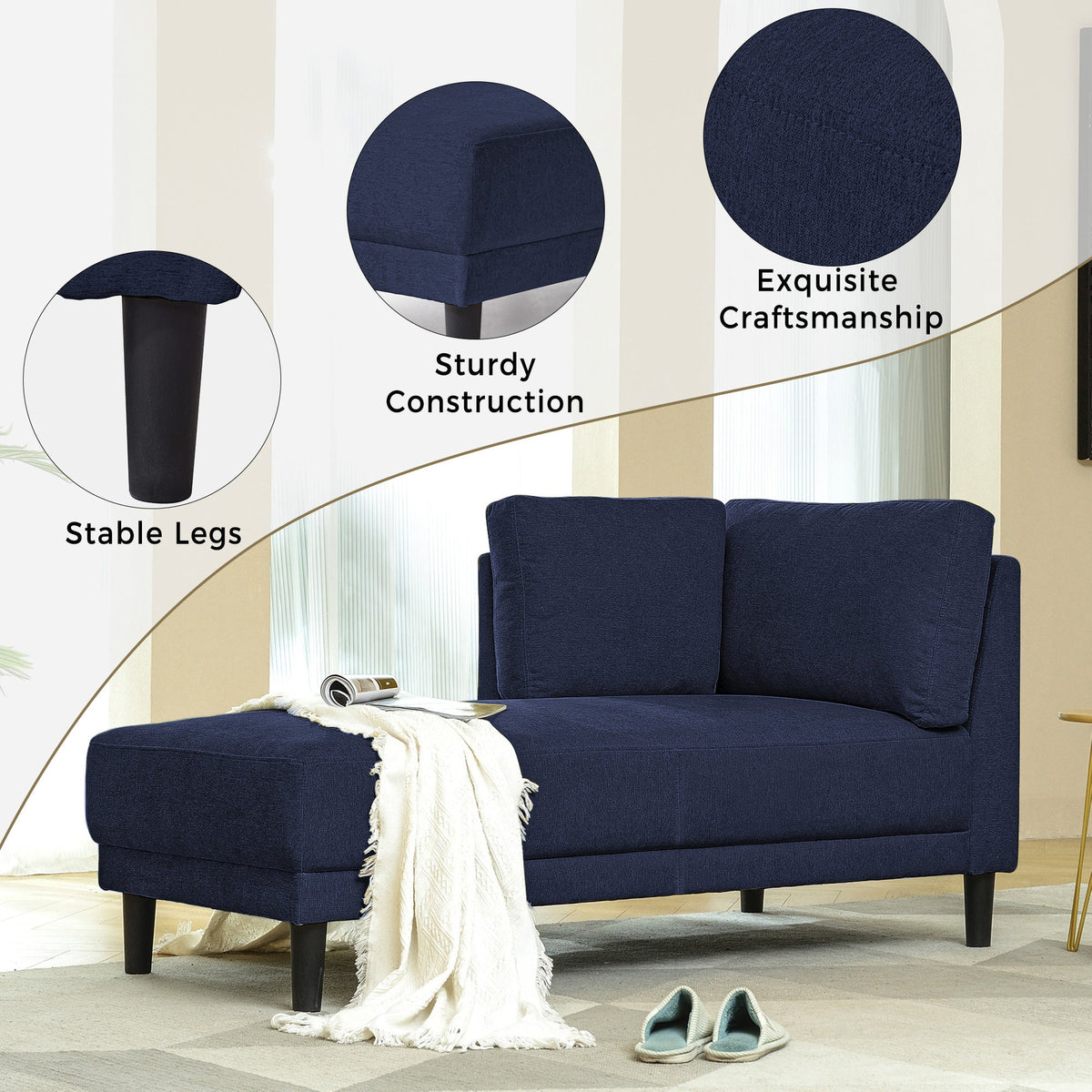 65" Mid-Century Modern Linen Fabric Chaise Lounge