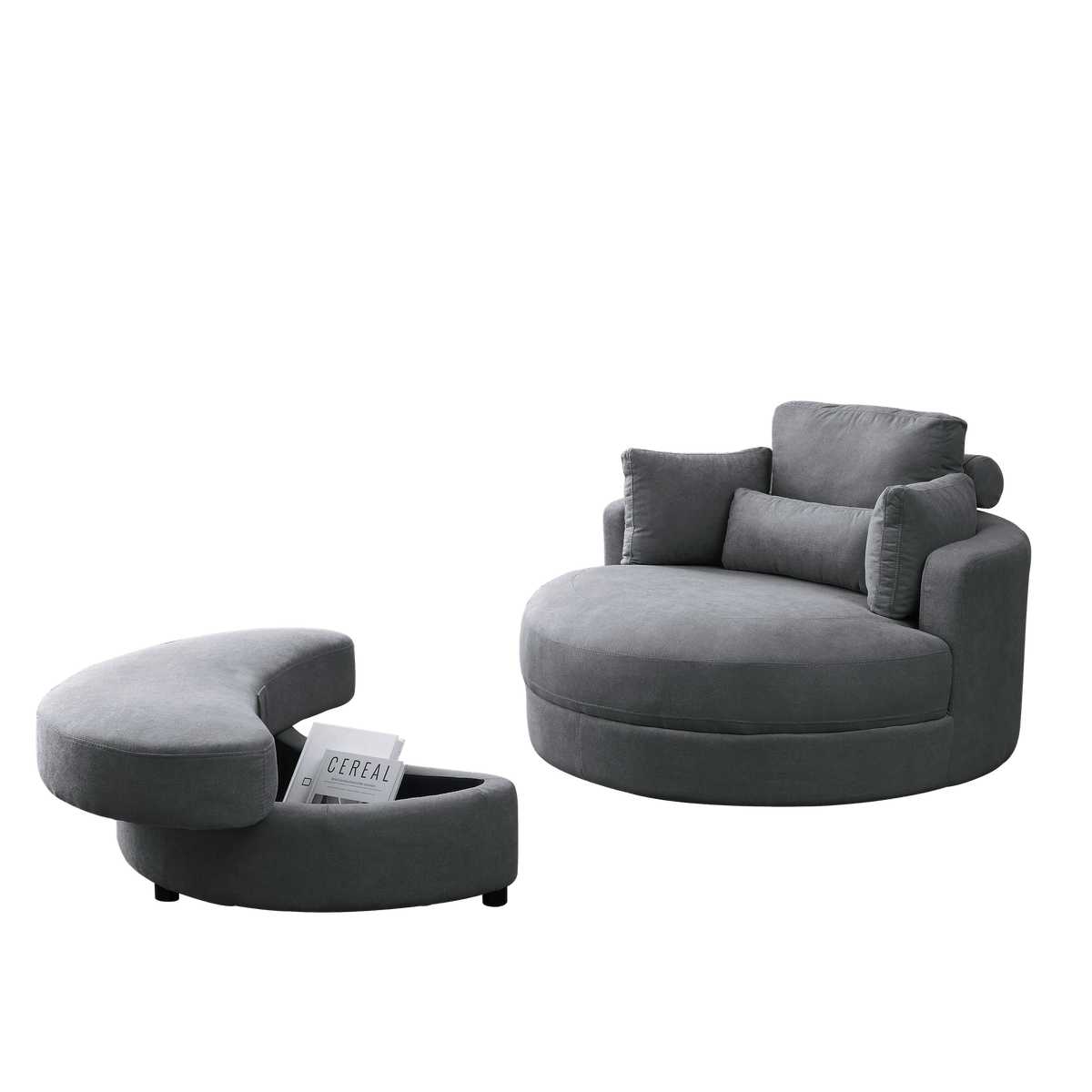 Modern Swivel Dark Gray Barrel Chair with Storage Ottoman