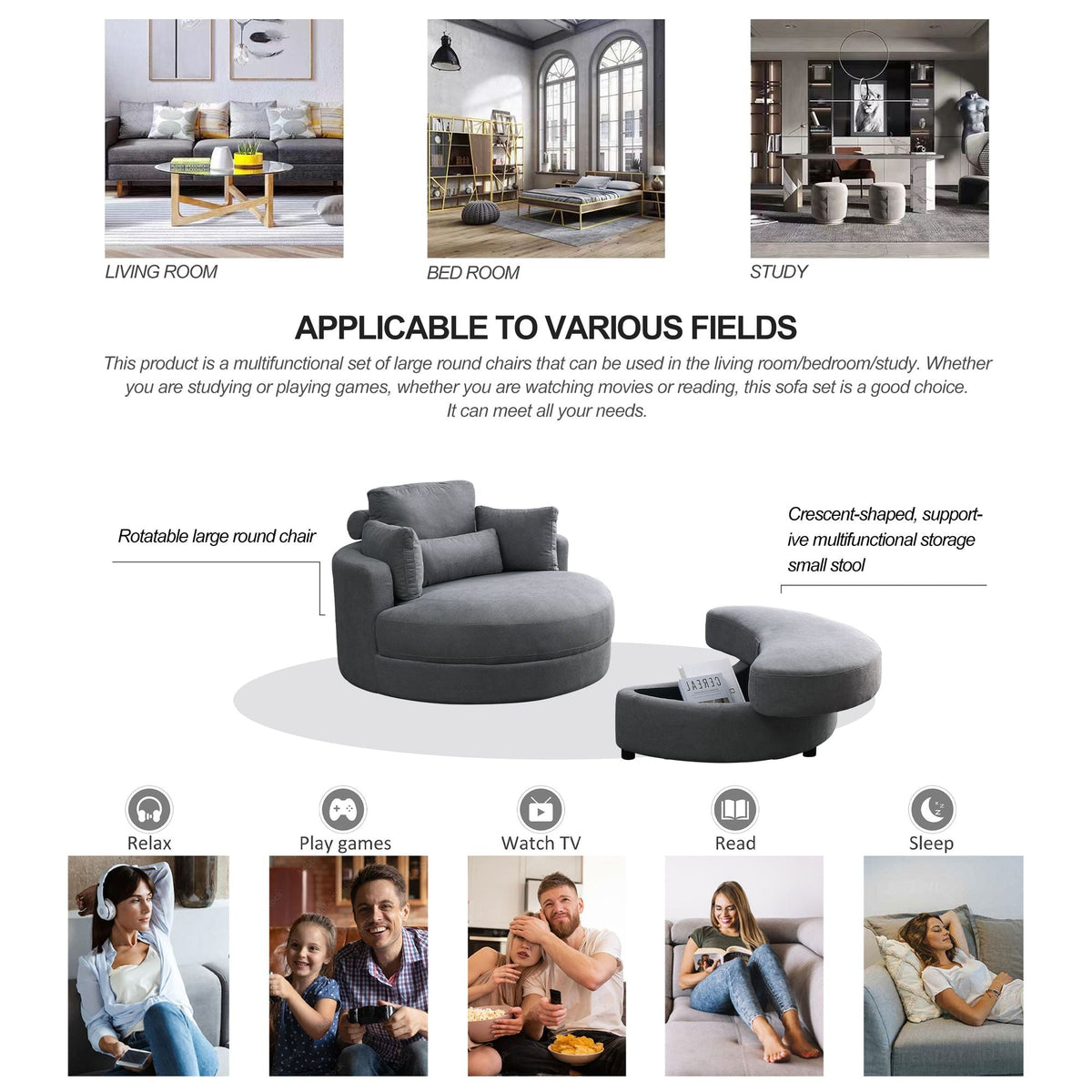 Modern Swivel Dark Gray Barrel Chair with Storage Ottoman