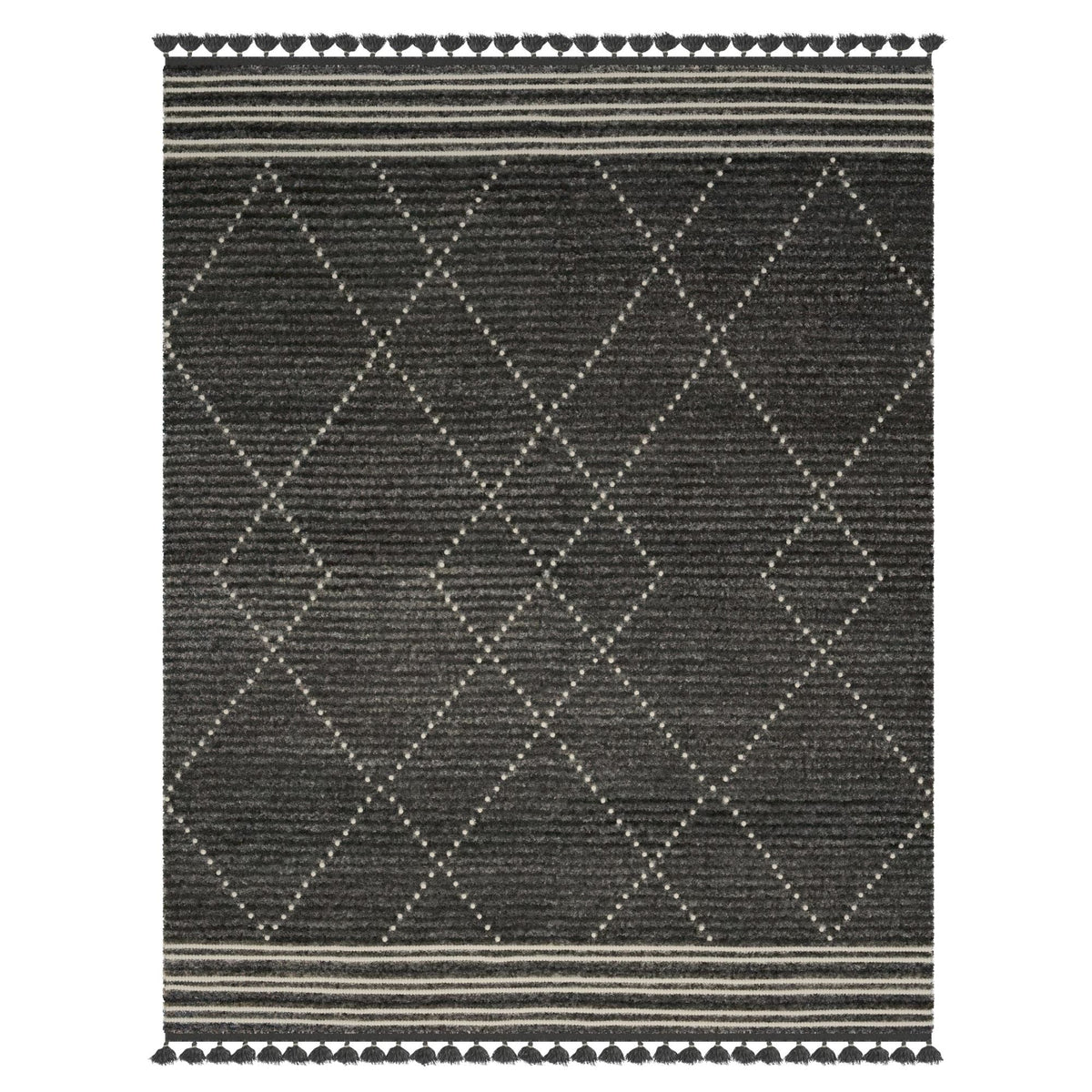 Vail Stona Handwoven Charcoal and Ivory Wool & Cotton Area Rug with Tassels – 5x8