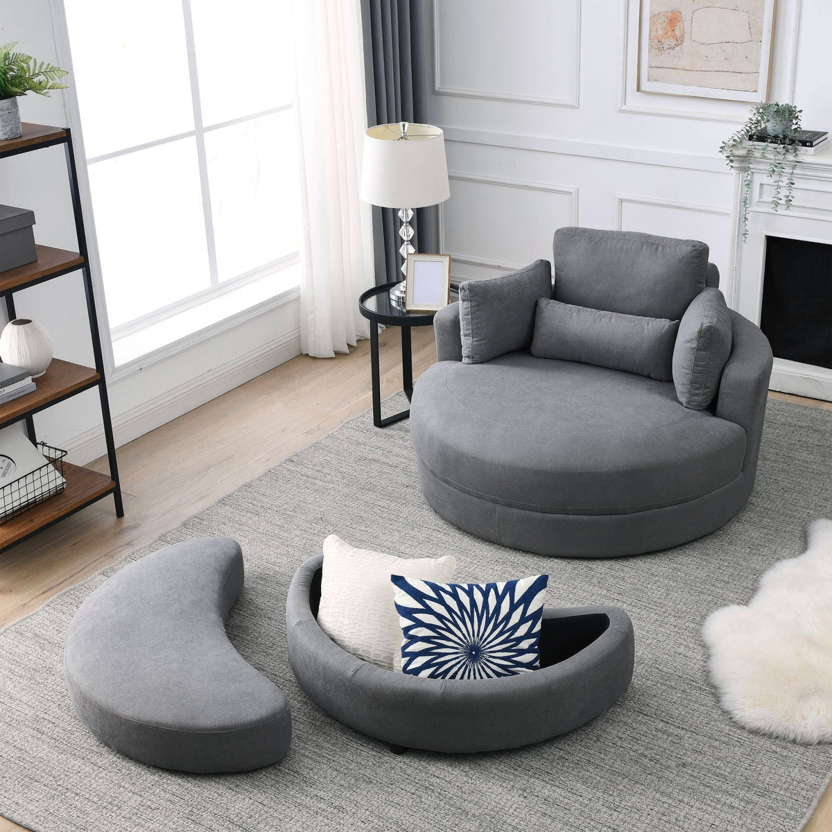 Modern Swivel Dark Gray Barrel Chair with Storage Ottoman