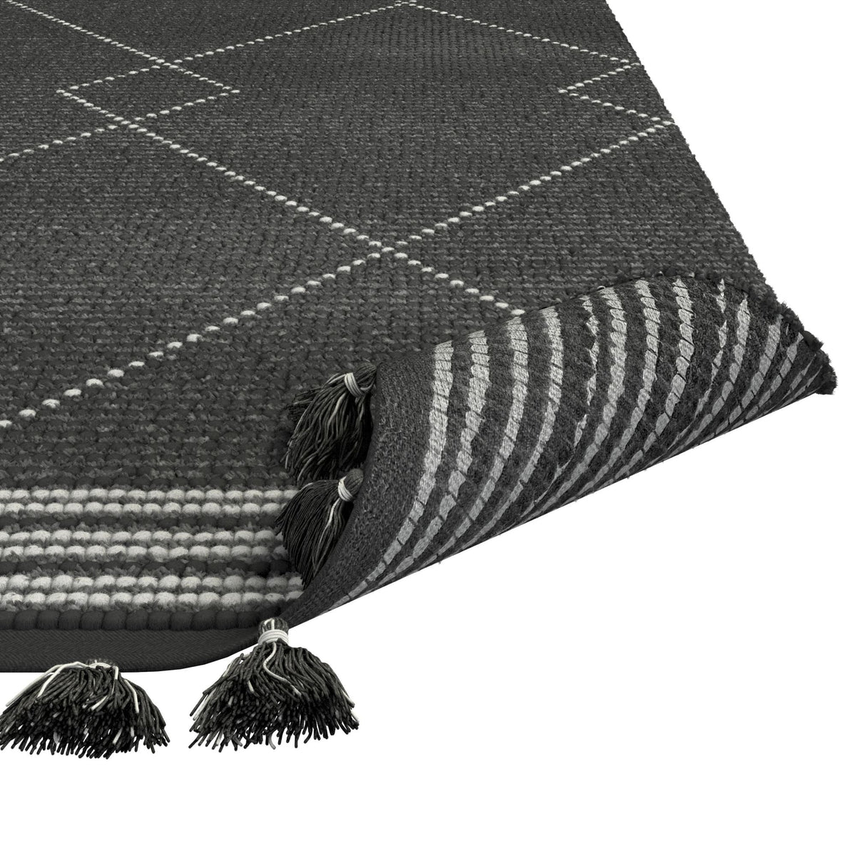 Vail Stona Handwoven Charcoal and Ivory Wool & Cotton Area Rug with Tassels – 5x8