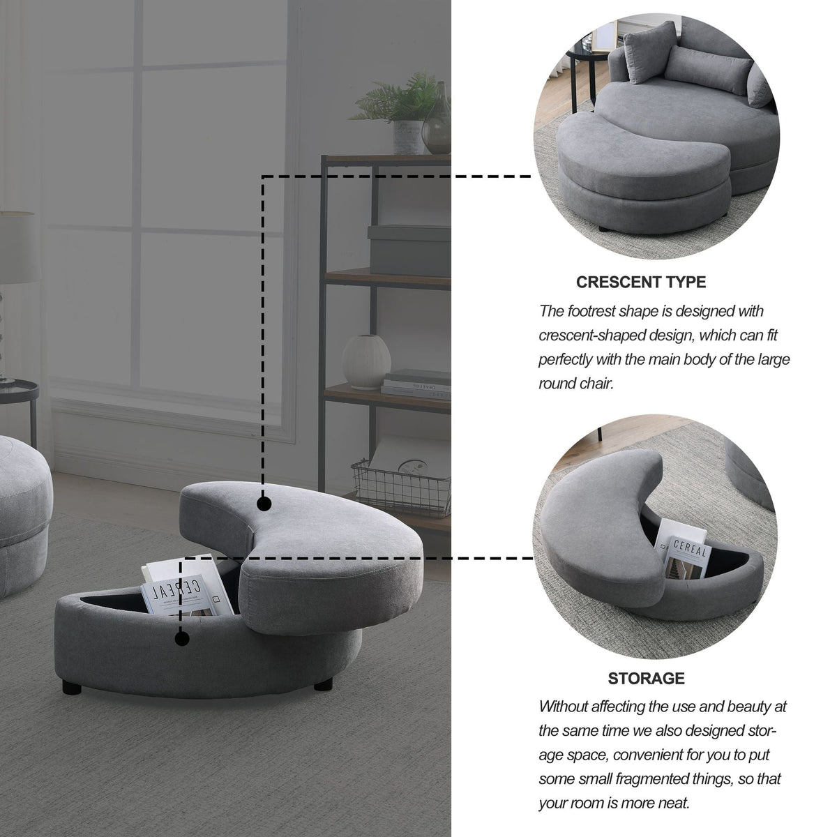 Modern Swivel Dark Gray Barrel Chair with Storage Ottoman