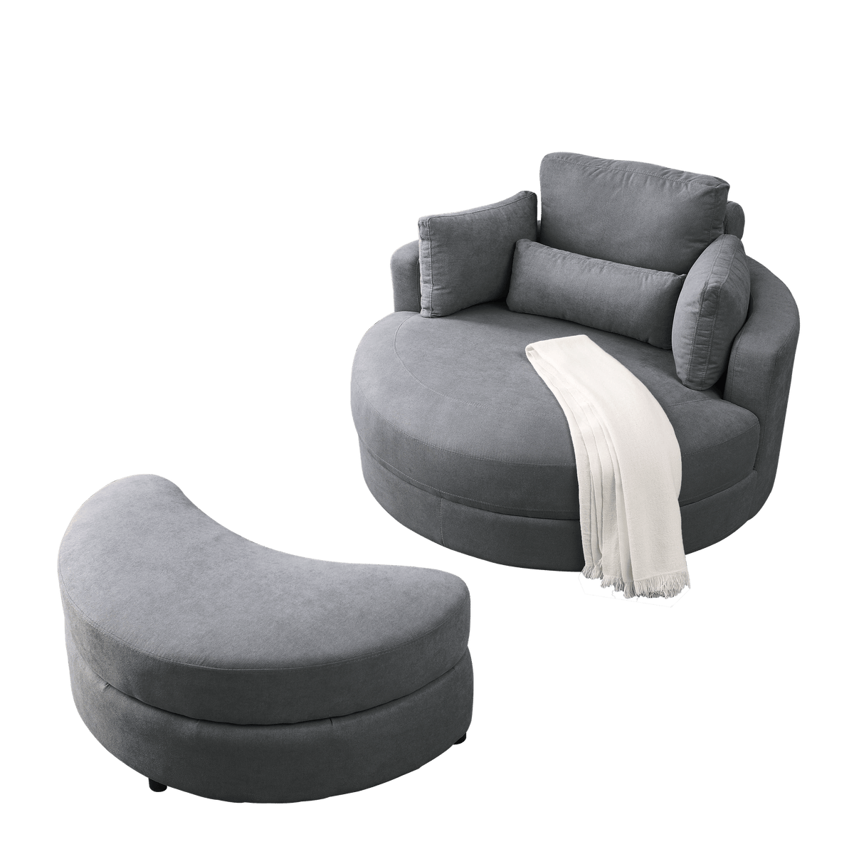 Modern Swivel Dark Gray Barrel Chair with Storage Ottoman