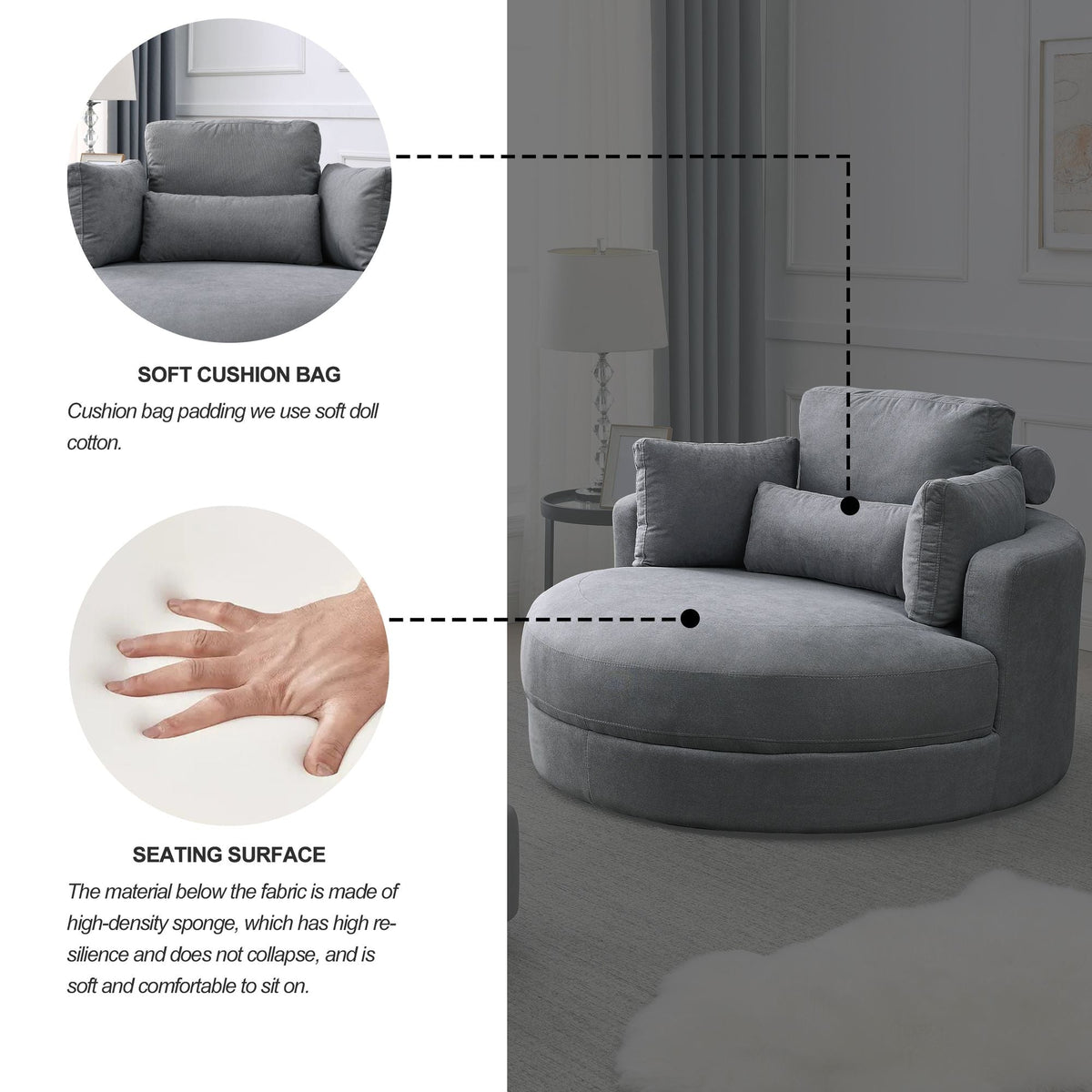 Modern Swivel Dark Gray Barrel Chair with Storage Ottoman