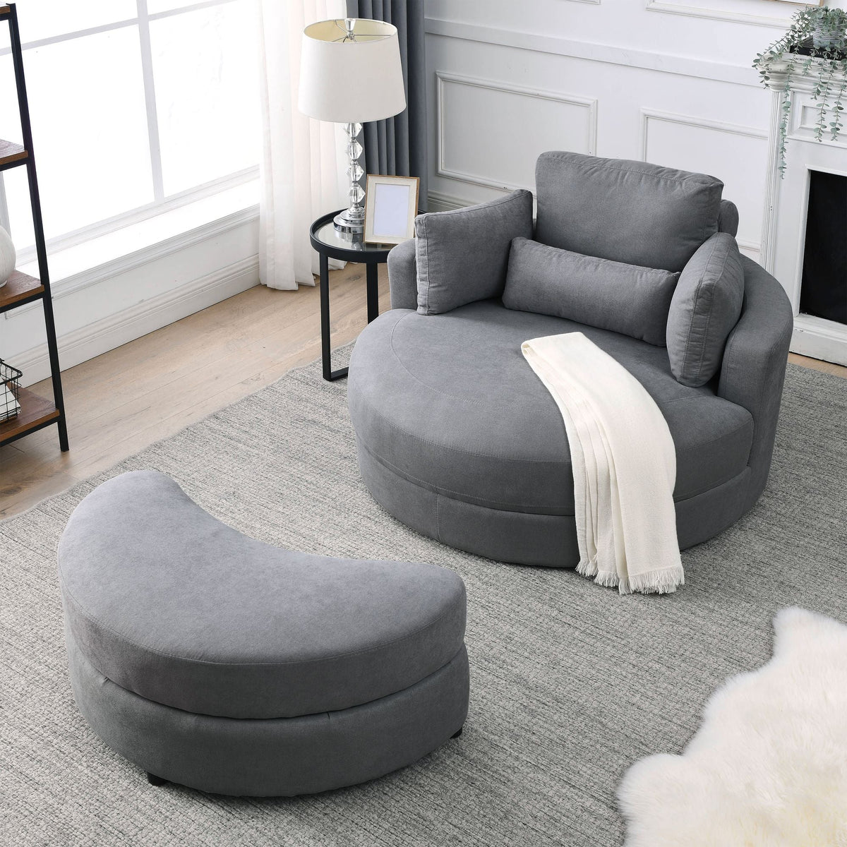 Modern Swivel Dark Gray Barrel Chair with Storage Ottoman