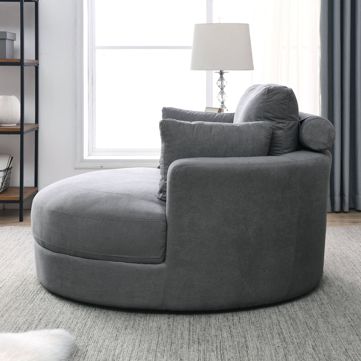 Modern Swivel Dark Gray Barrel Chair with Storage Ottoman