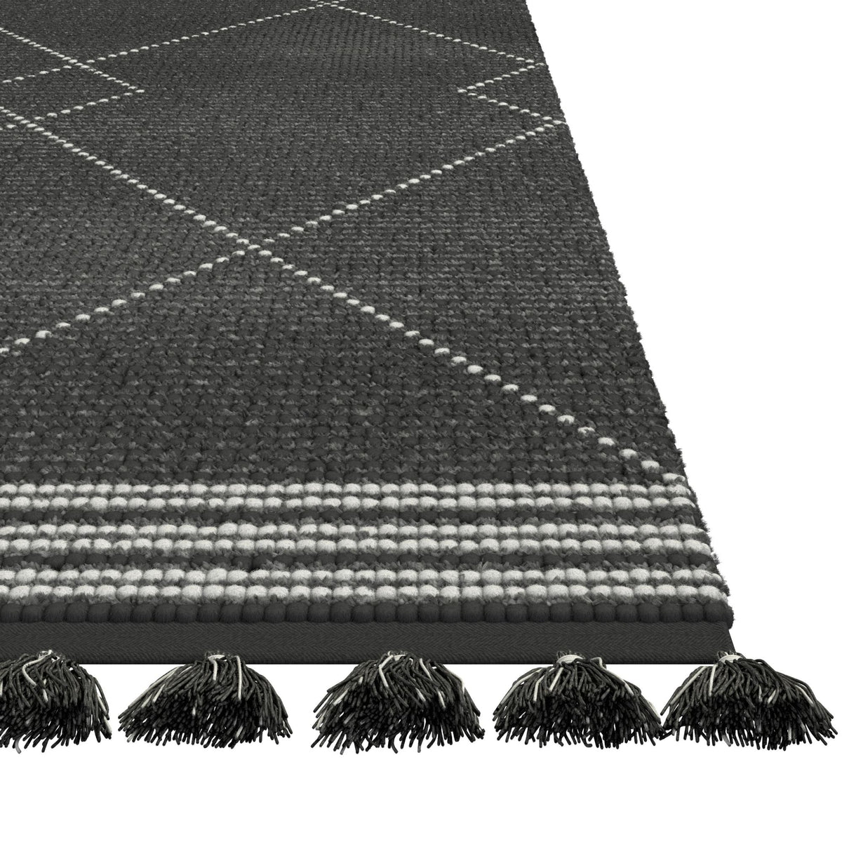 Vail Stona Handwoven Charcoal and Ivory Wool & Cotton Area Rug with Tassels – 5x8
